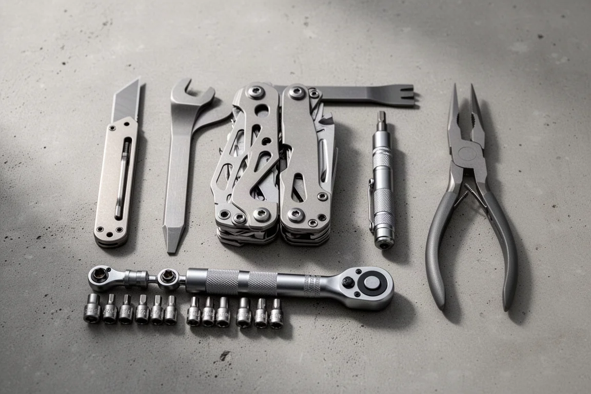 Flat-lay of compact EDC tools including titanium knife, multi-tool, ratchet, sockets, and pliers