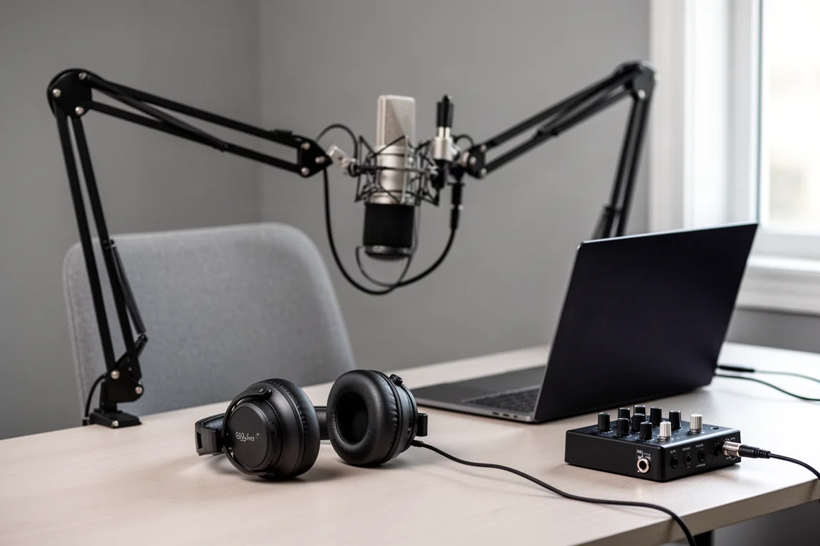 Home studio desk with a boom arm microphone, headphones, and an audio interface
