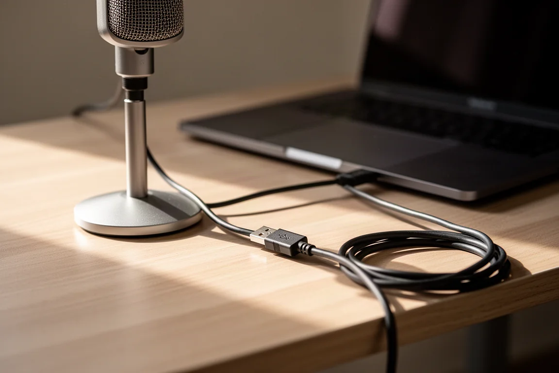 USB cable running from a tabletop microphone across a light wood desk