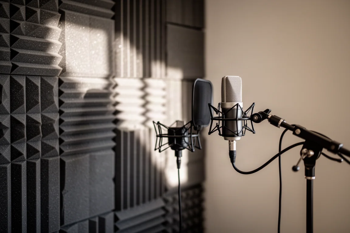 Condenser microphone in a shock mount inside a small treated recording room