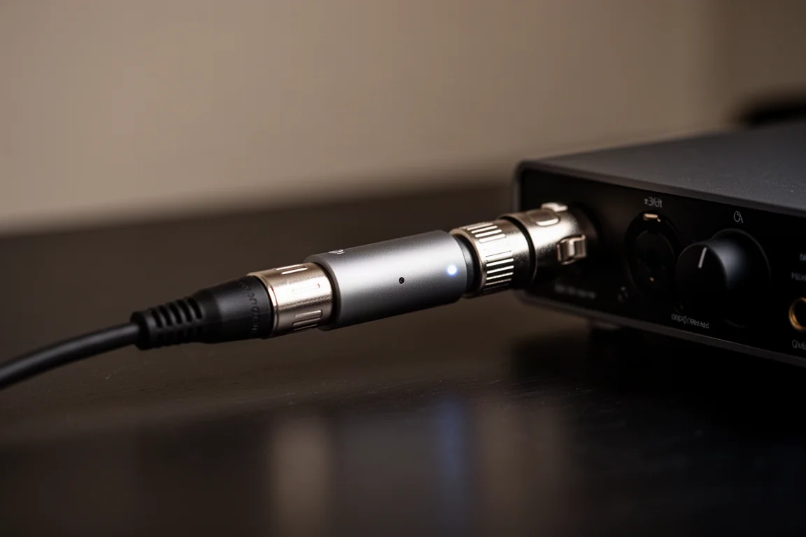 Inline preamp connected between an XLR cable and an audio interface input