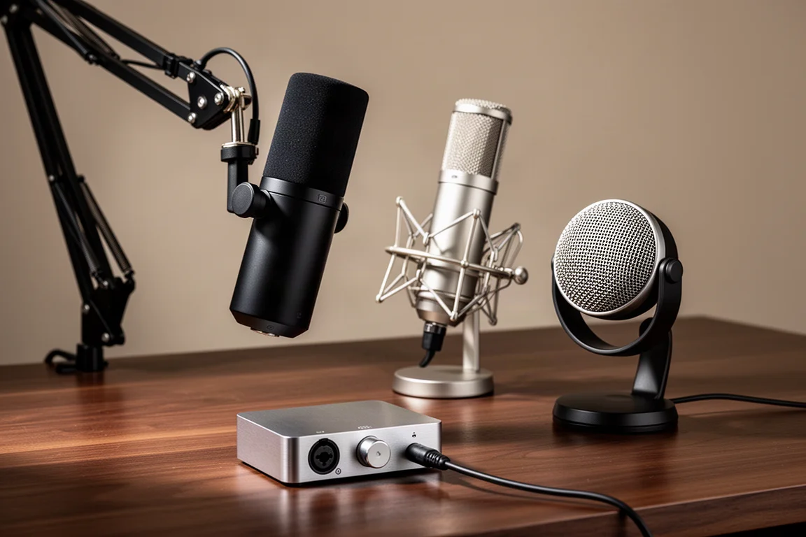 Podcast microphones and a compact audio interface arranged on a dark walnut desk