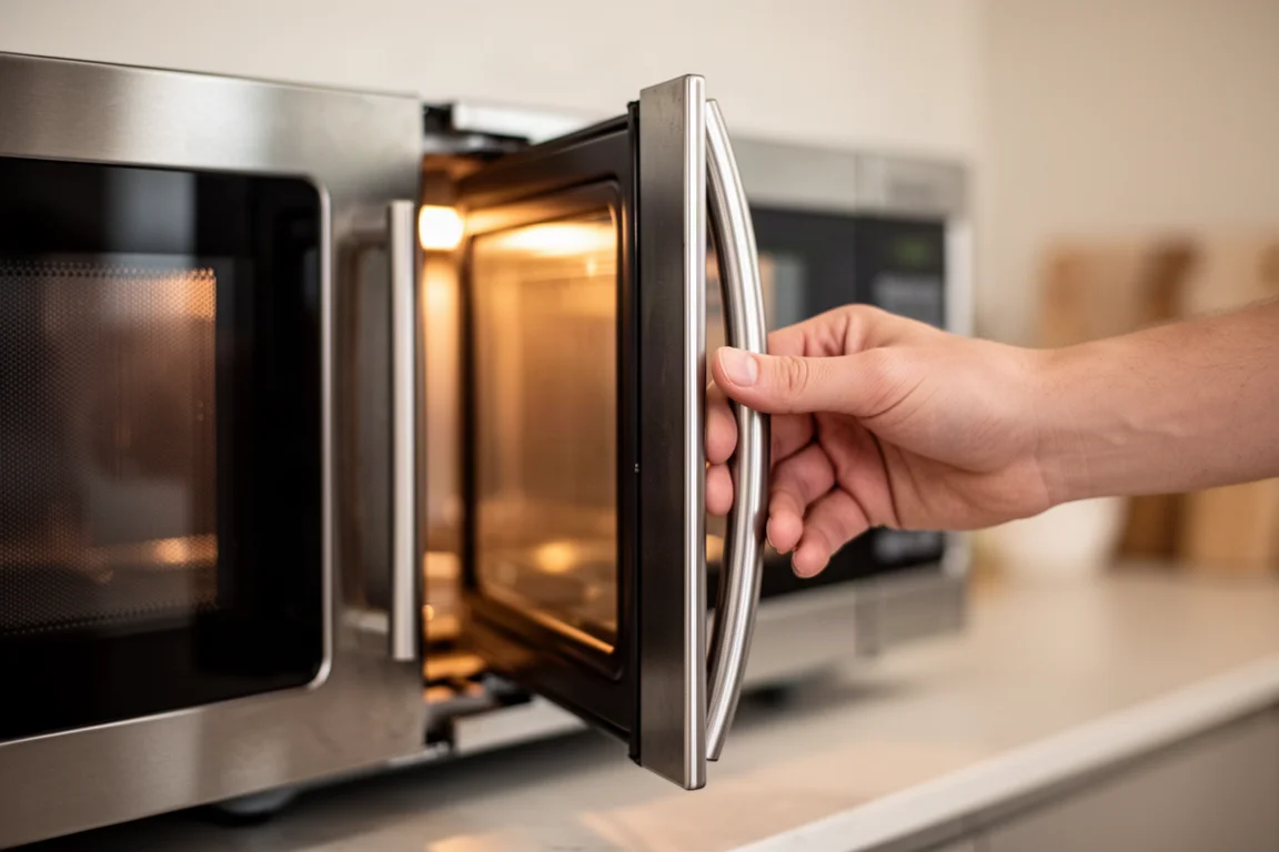 Hand opening the door of a brushed stainless steel countertop microwave