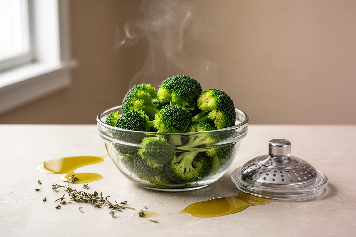Steamed broccoli in a covered glass bowl fresh from the microwave