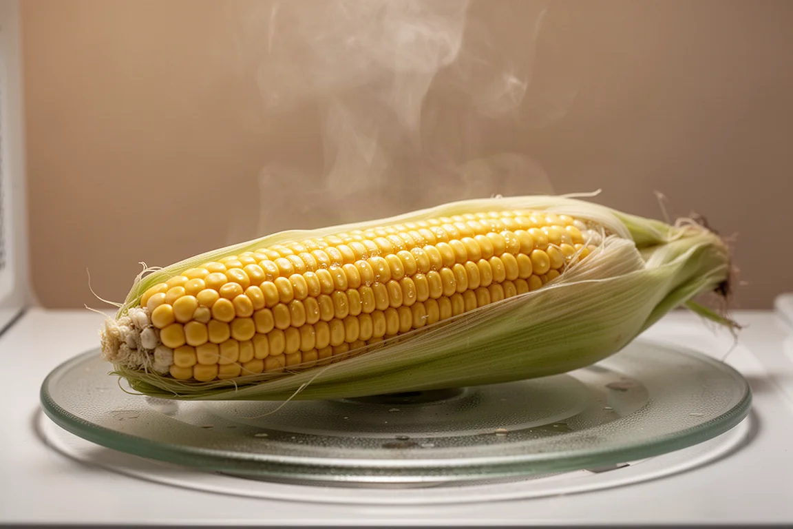 Corn on the cob on a microwave turntable with steam rising