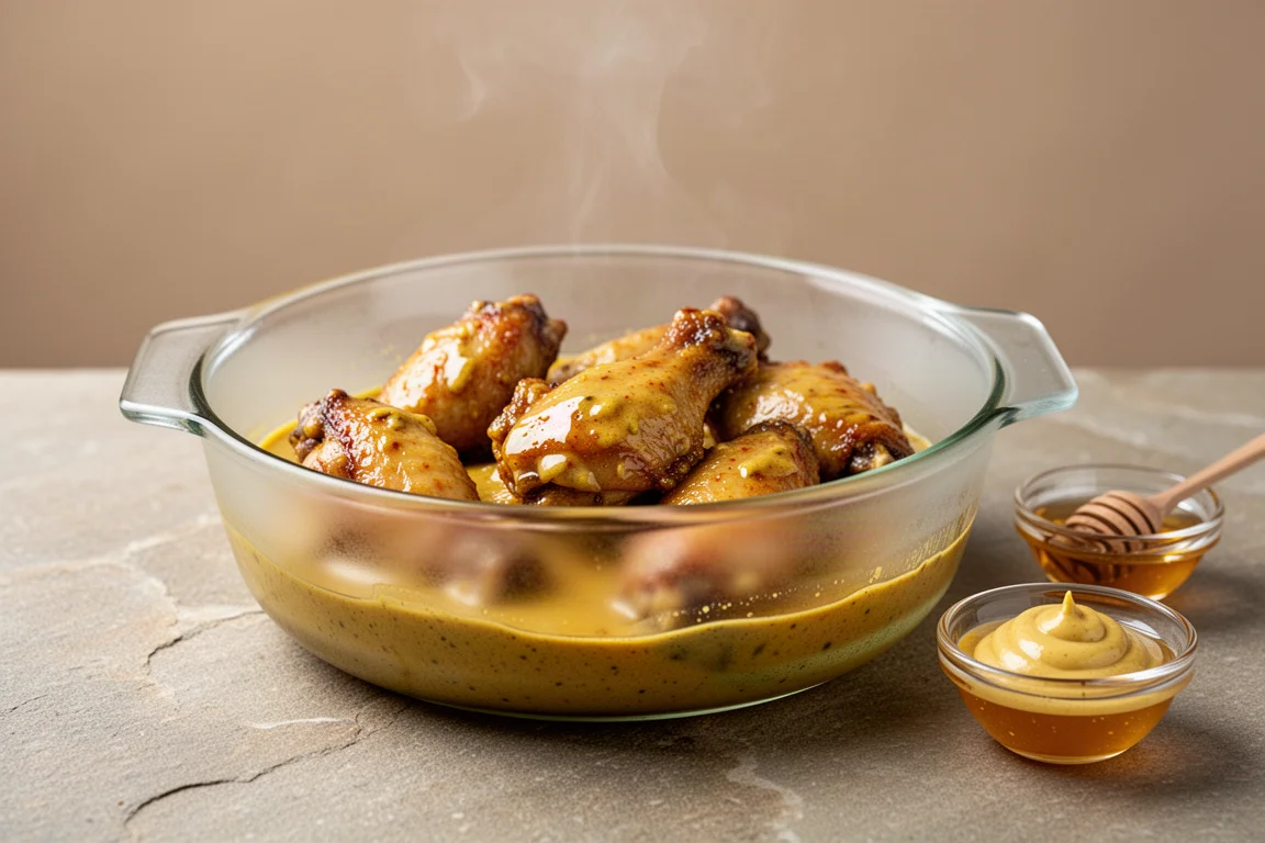 Chicken wings coated in a glossy honey curry glaze in a glass cooking dish