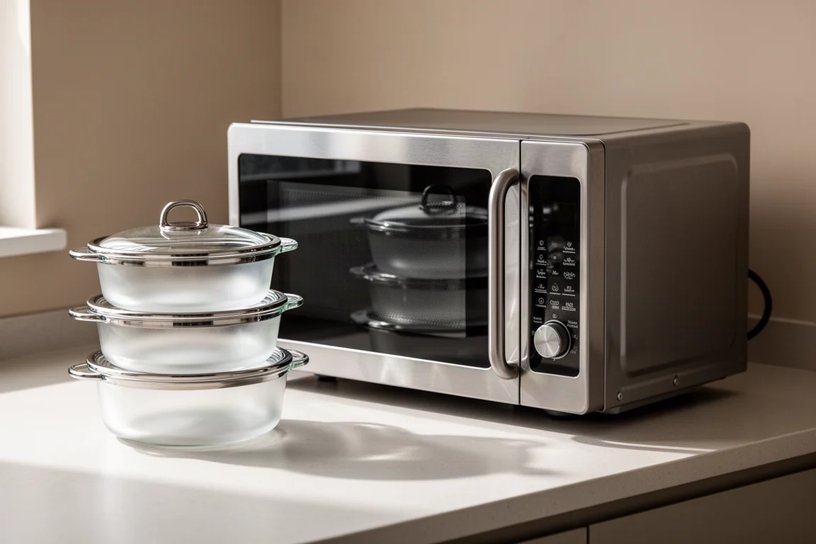 Brushed stainless countertop microwave next to frosted glass cooking dishes on a kitchen counter