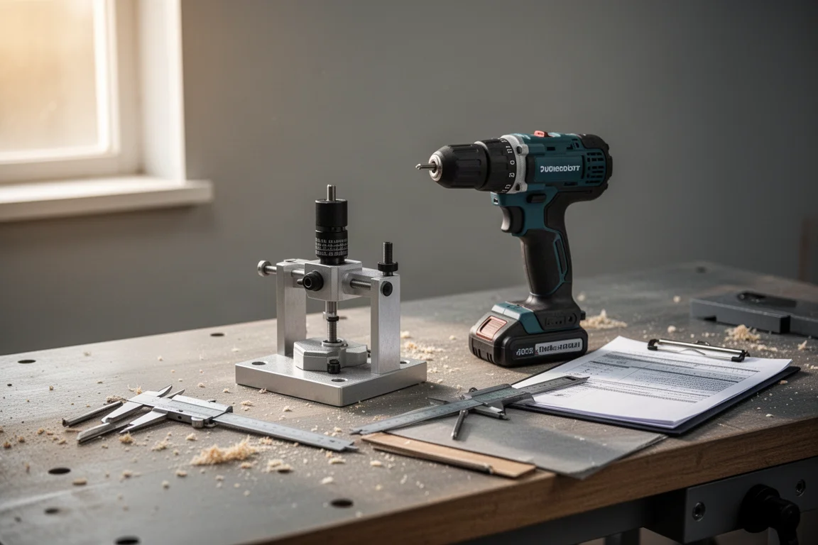 Établi avec équipement de test de perceuses et matériel de mesure sous une lumière douce