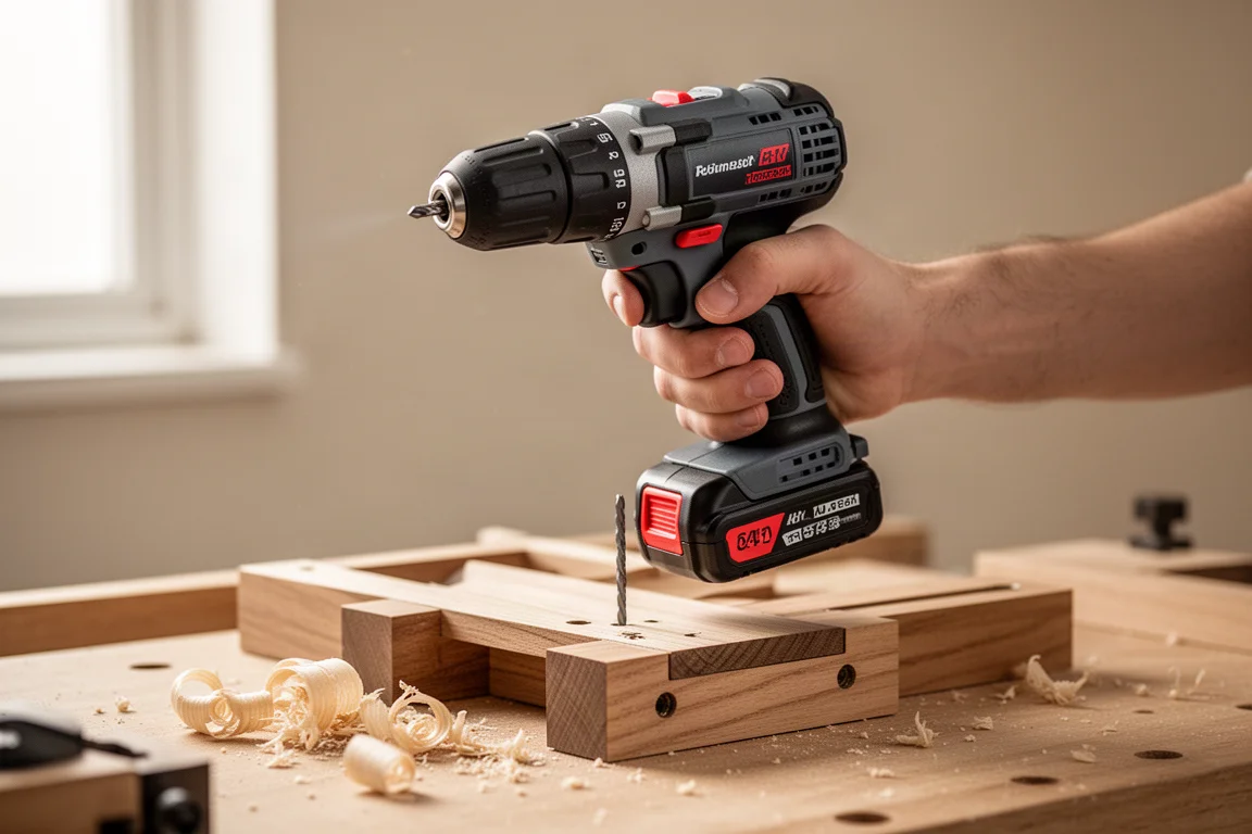 Perceuse sans fil compacte maintenue en position au-dessus d'un gabarit de travail du bois