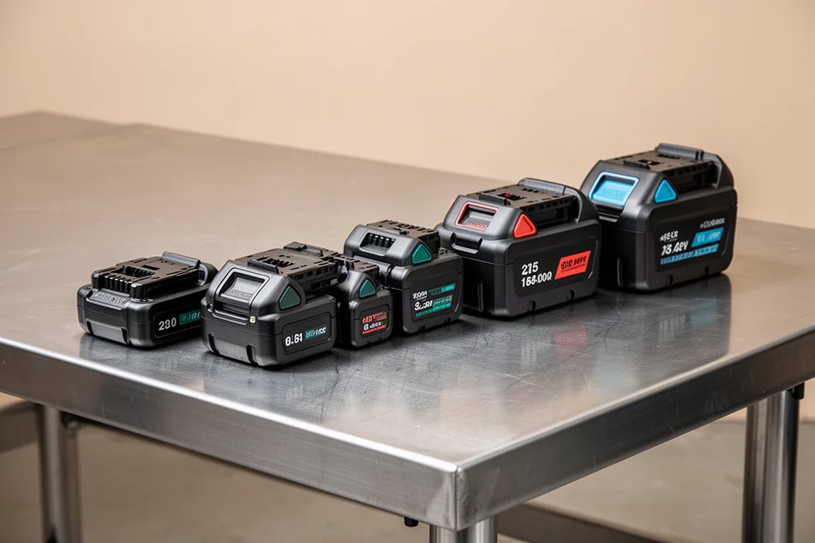 Rangée de batteries de perceuse de capacités différentes alignées sur un établi