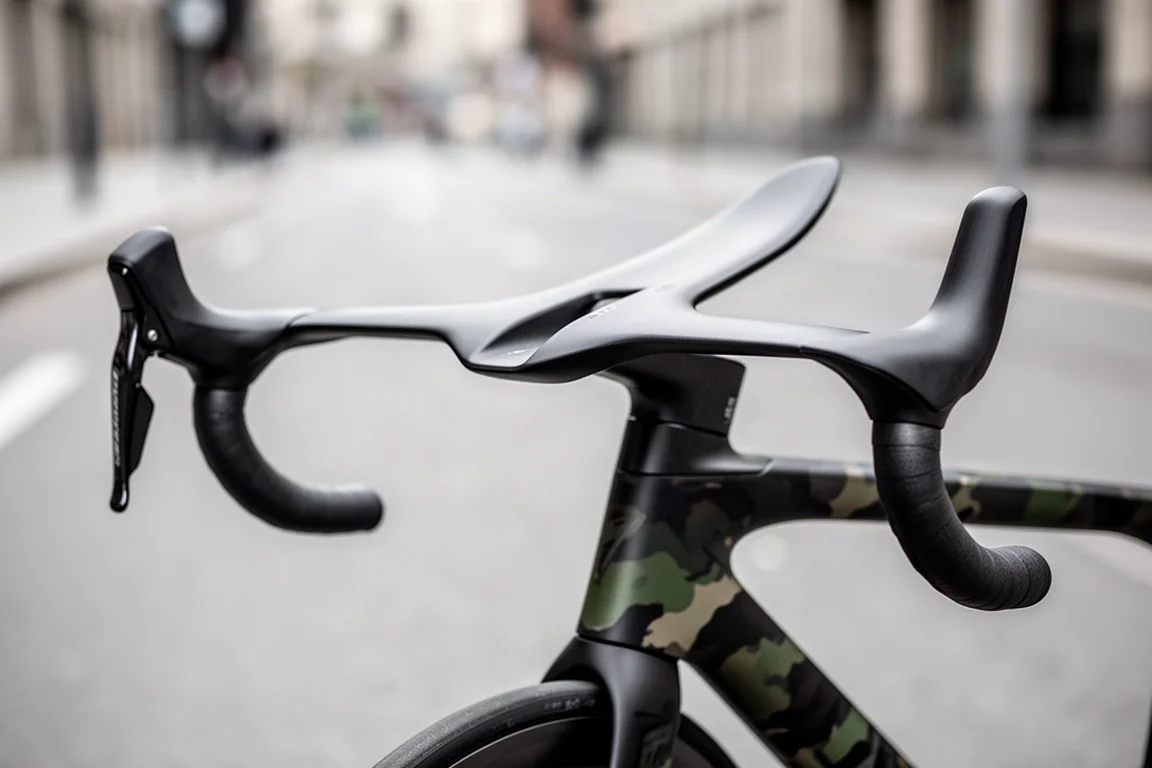 Detalj av cockpiten på en aerodynamisk landsvägscykel med utsvängda drops på en stadsgata
