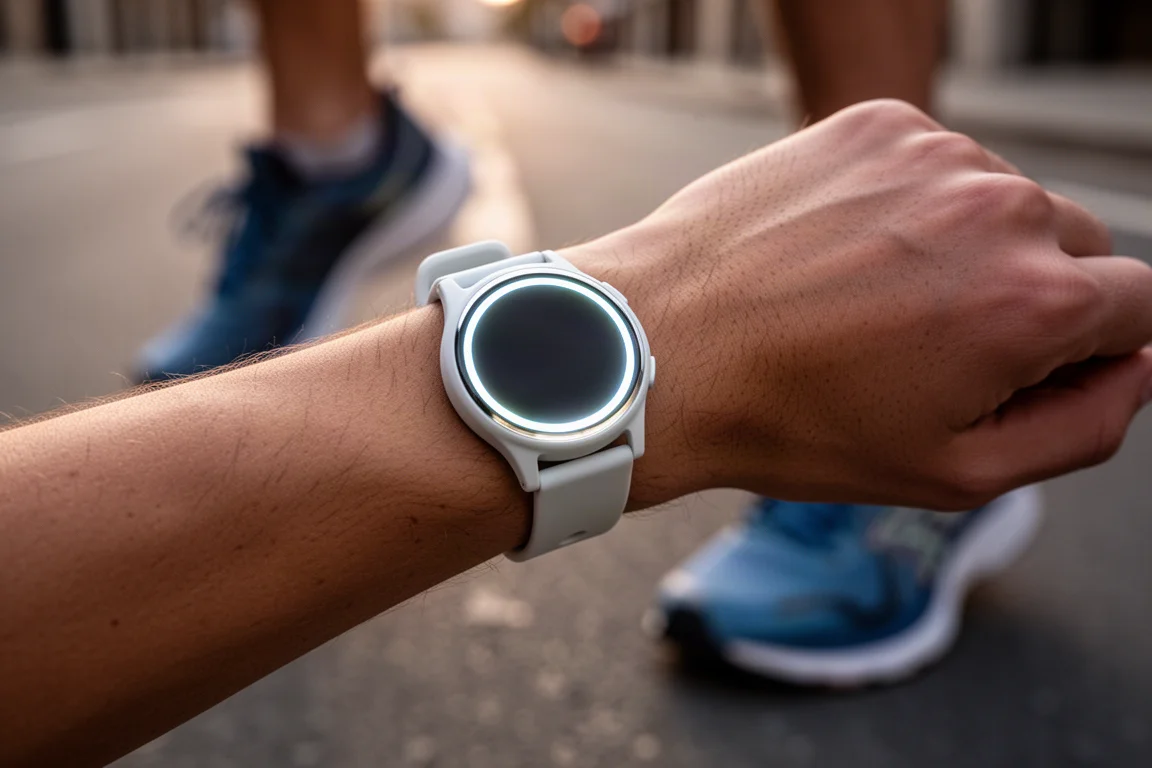 Un runner controlla un quadrante AMOLED luminoso al polso prima di una corsa mattutina