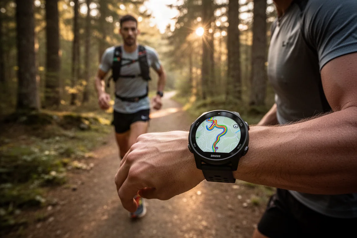 Trail runner che naviga con la vista mappa su un orologio GPS