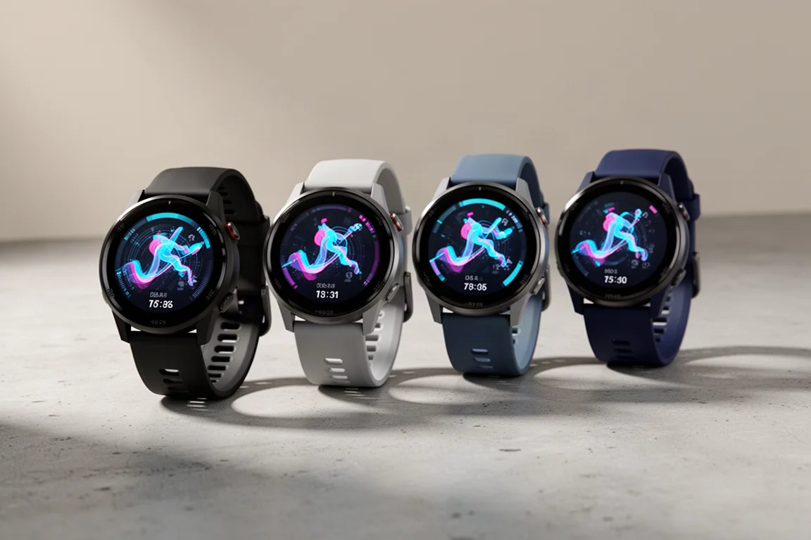Four sport running watches with bright AMOLED displays arranged on a concrete surface