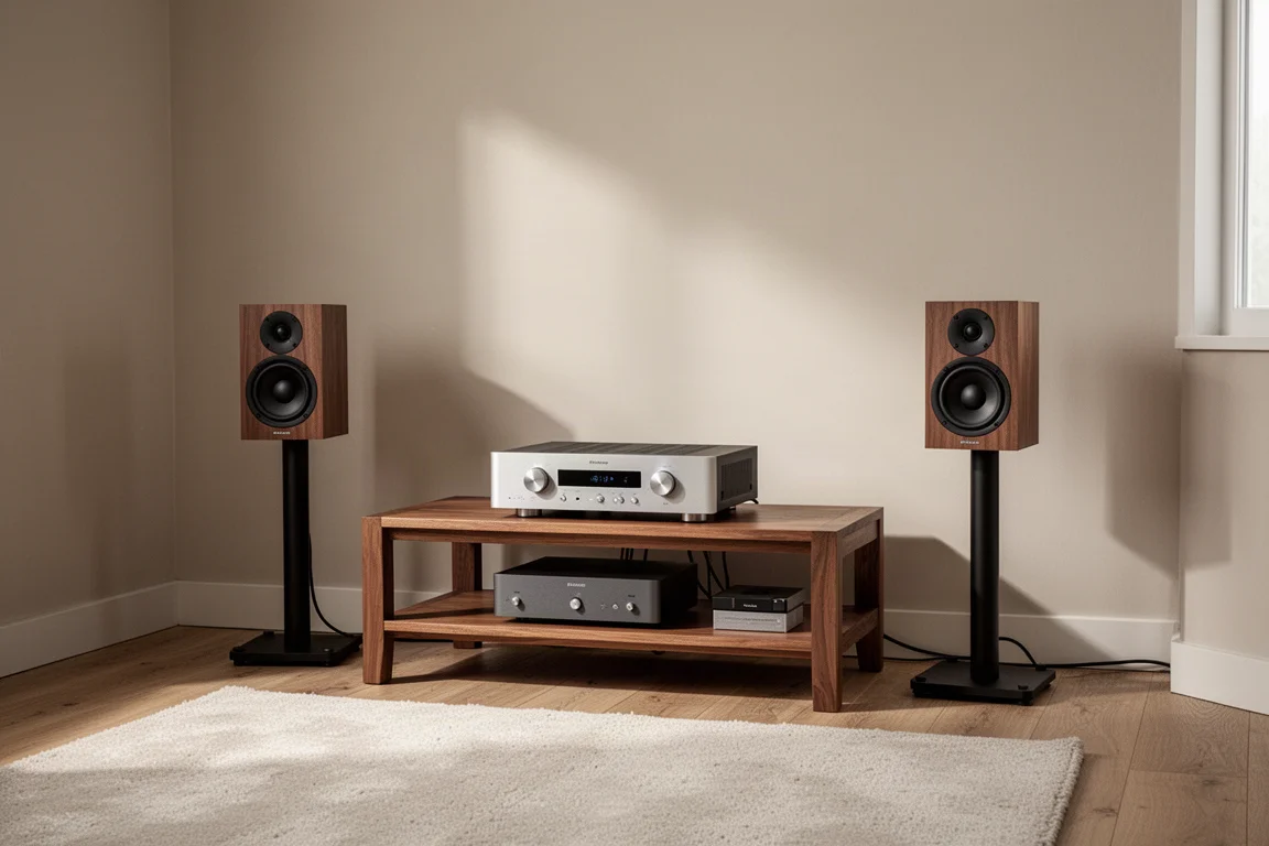 Rincón de una sala de escucha tranquila con un mueble hi-fi bajo de madera, un amplificador compacto y altavoces pequeños de estantería