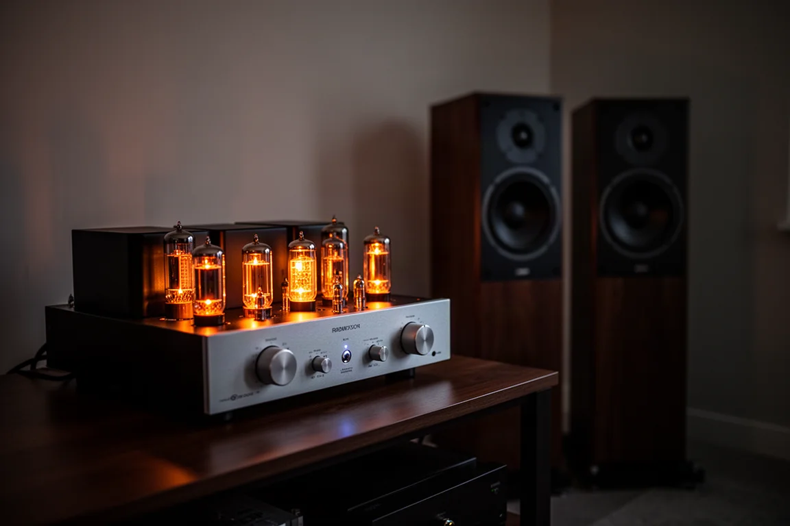 Sala de escucha tenuemente iluminada por la noche con un gran amplificador de válvulas brillando cálidamente junto a altavoces de suelo