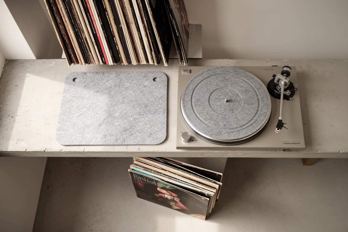 Vista cenital de discos de vinilo y el plato de un tocadiscos sobre una superficie de hormigón claro