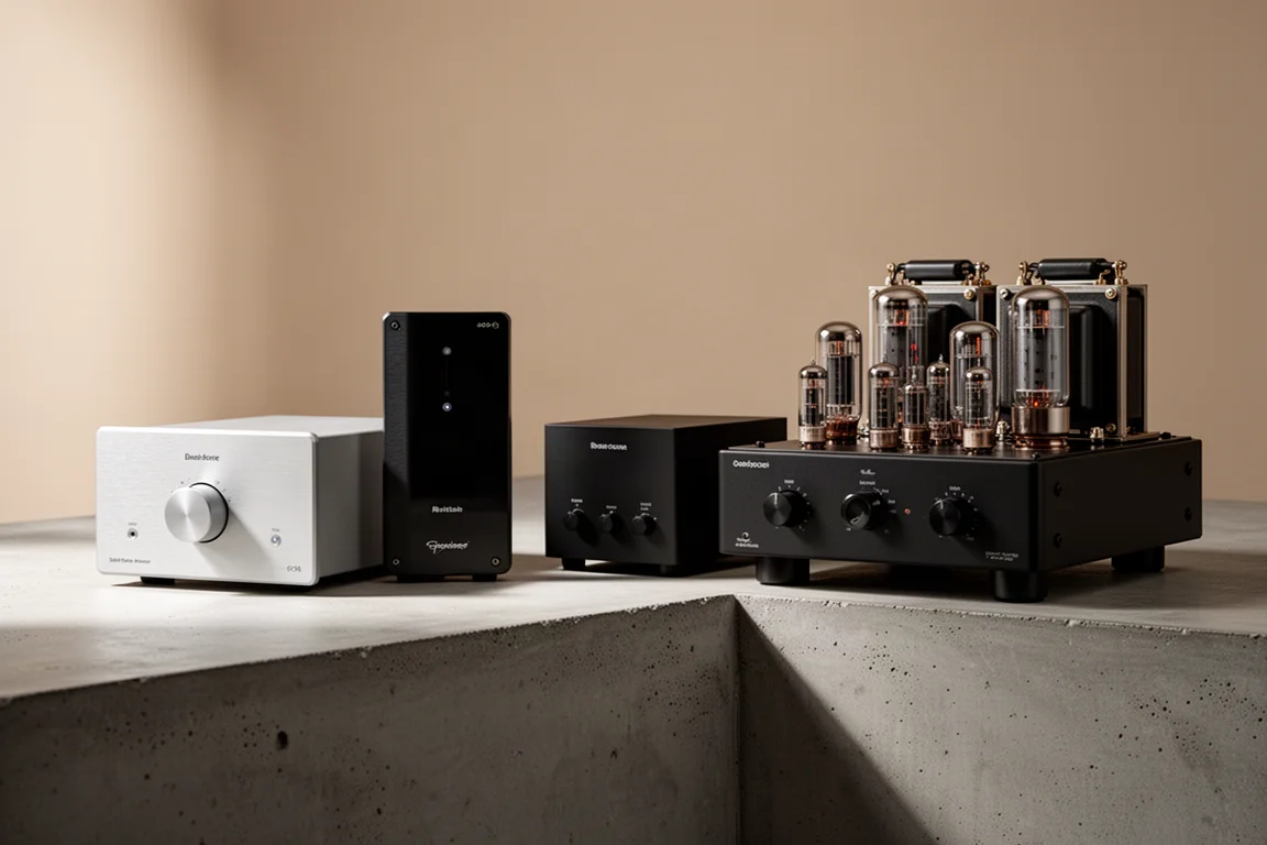 Four integrated amplifiers in a row on a concrete ledge, from compact aluminium to a large valve design
