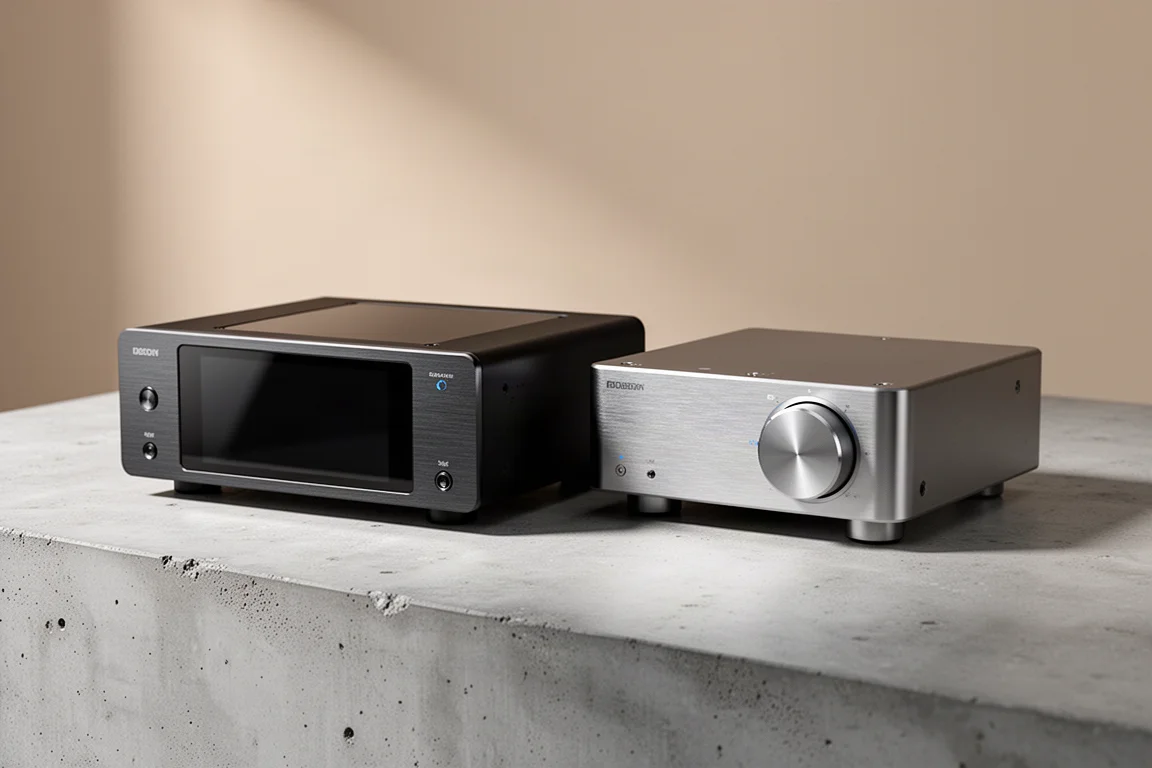 Two compact streaming amplifiers side by side on a matte concrete surface
