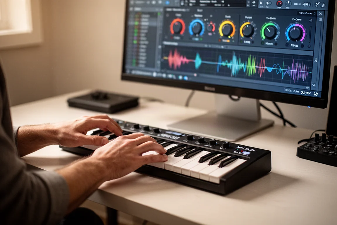 画面上のバーチャルインストゥルメントインターフェースを操作しながらMIDIキーボードを演奏する音楽プロデューサー