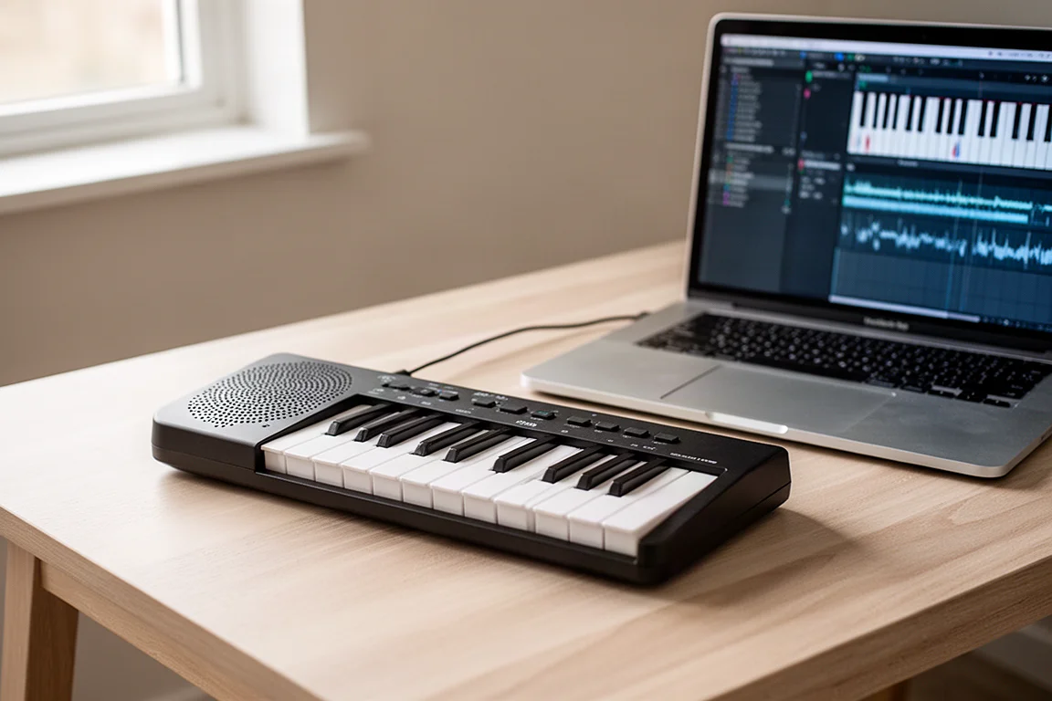 木製デスクの上にノートパソコンの隣に置かれた内蔵スピーカー付きMIDIキーボード