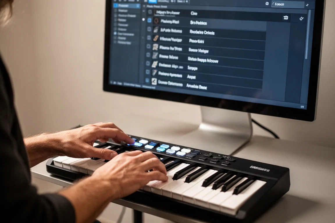 画面上のプリセットブラウザを操作しながらMIDIキーボードのプリセットボタンを押すミュージシャン