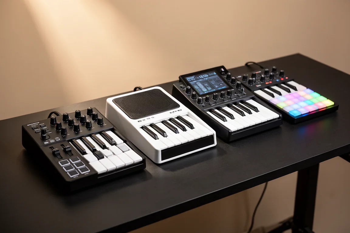 Quattro controller MIDI compatti disposti su una scrivania da studio