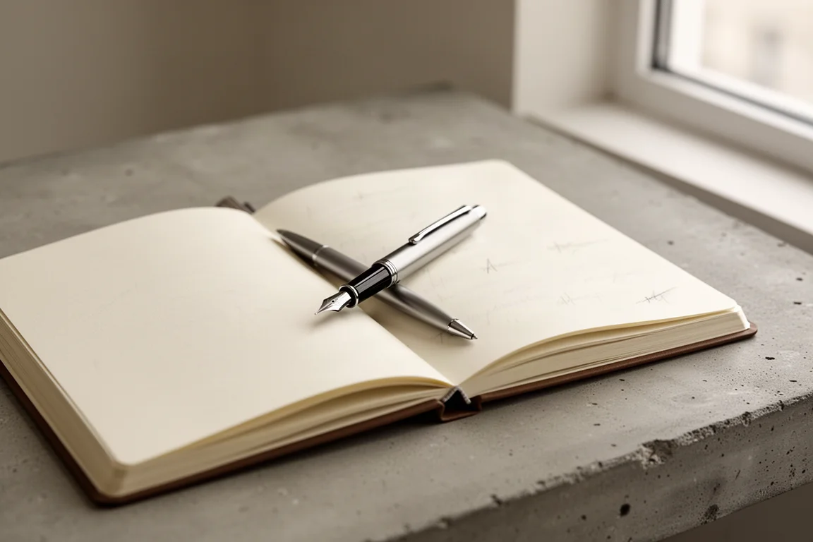 Agenda ouvert avec un stylo-plume écrivant sur un papier crème lisse