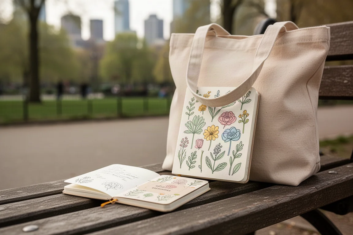 Petit agenda de poche illustré tenu ouvert à côté d'un sac
