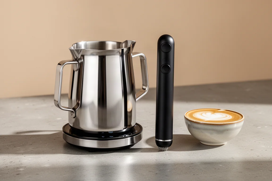Countertop milk frother and handheld frothing wand on a concrete kitchen counter