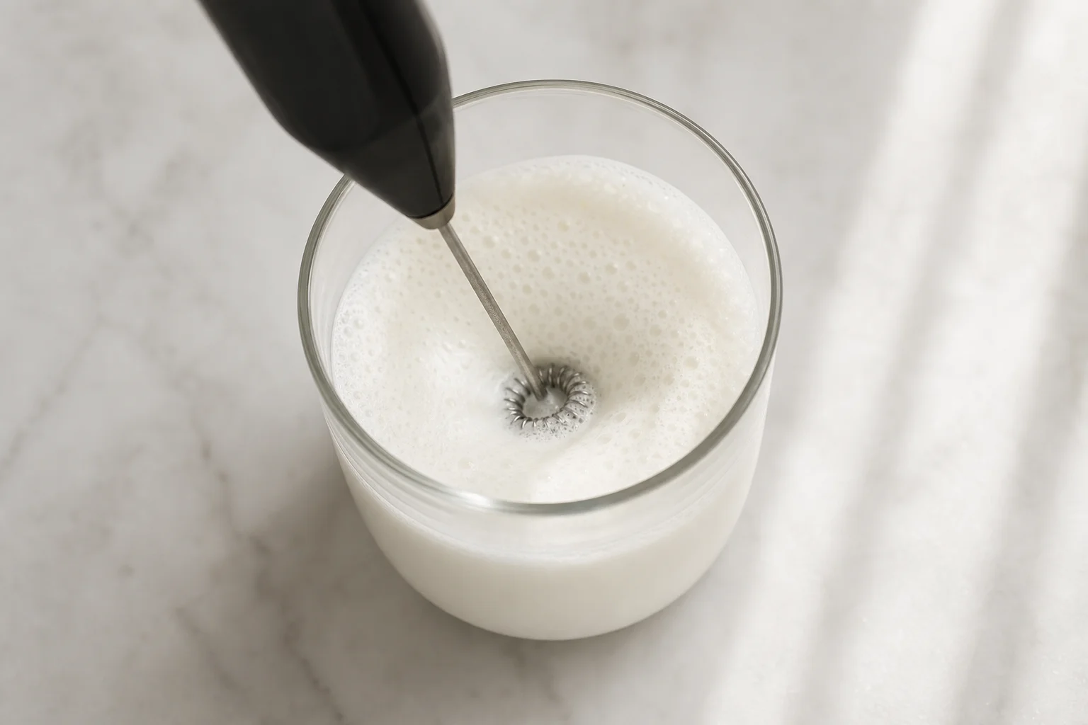 Handheld milk frother wand immersed in a glass of milk creating foam