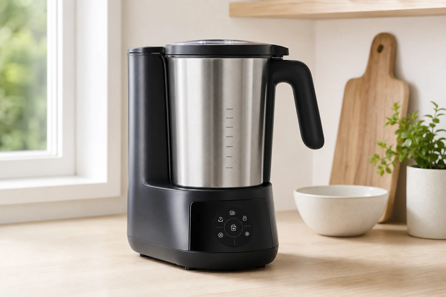 Countertop milk frother with stainless steel carafe on kitchen counter