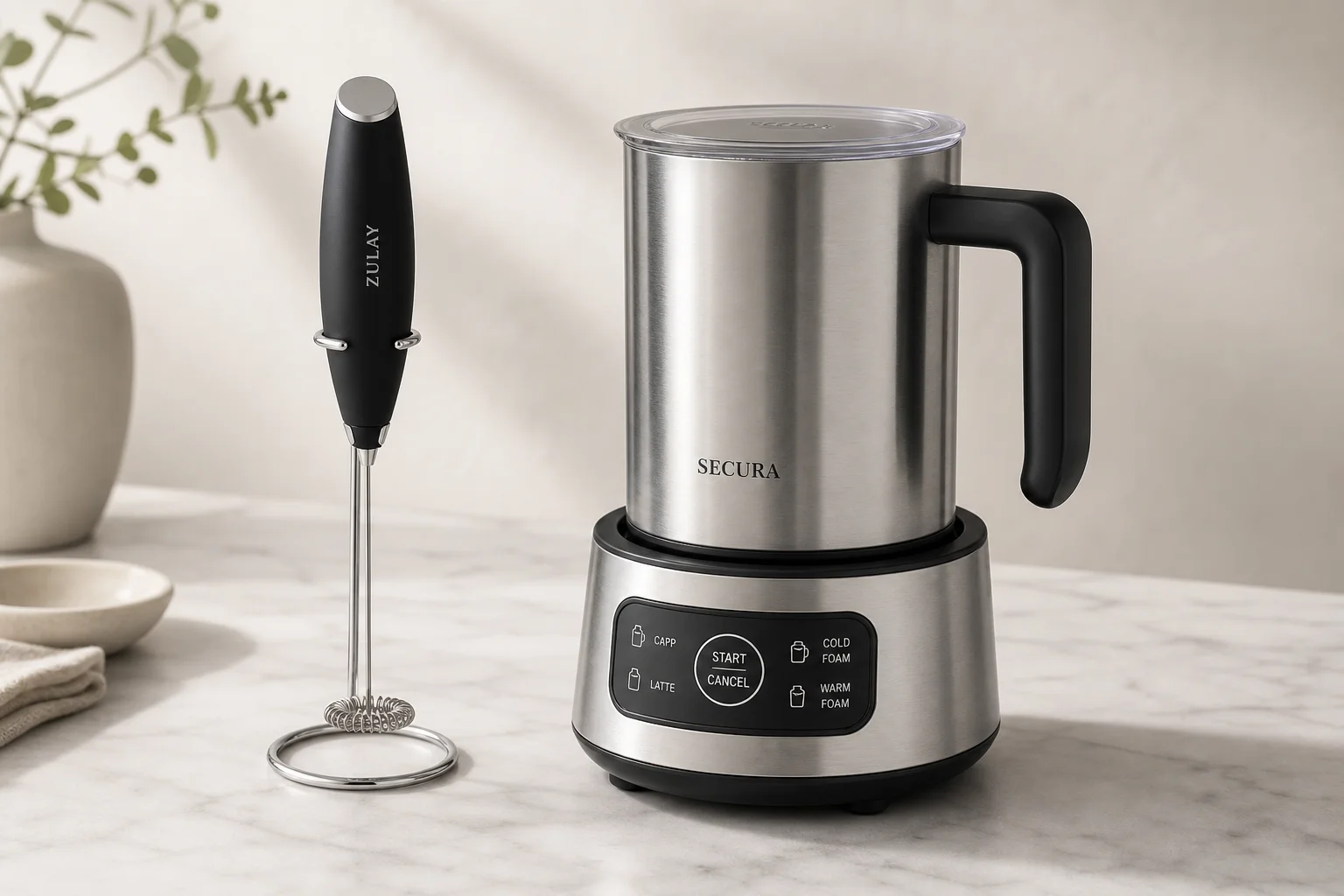 Zulay Kitchen Milk Boss handheld frother and Breville Milk Cafe countertop frother on marble surface