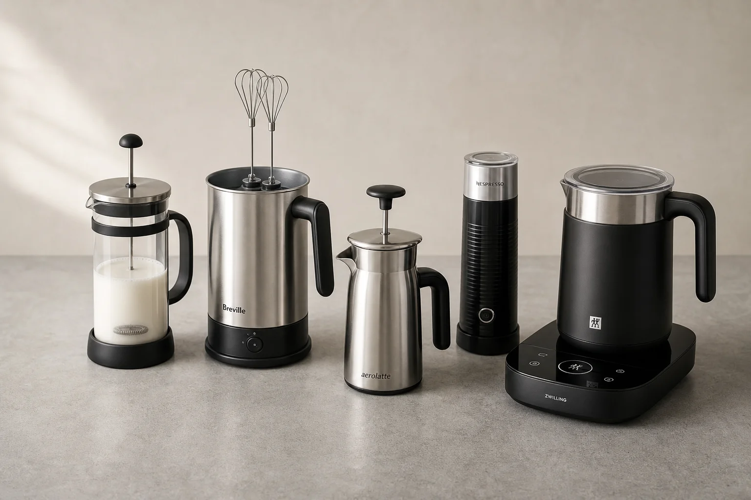 Five milk frothers displayed on concrete surface from budget to premium models