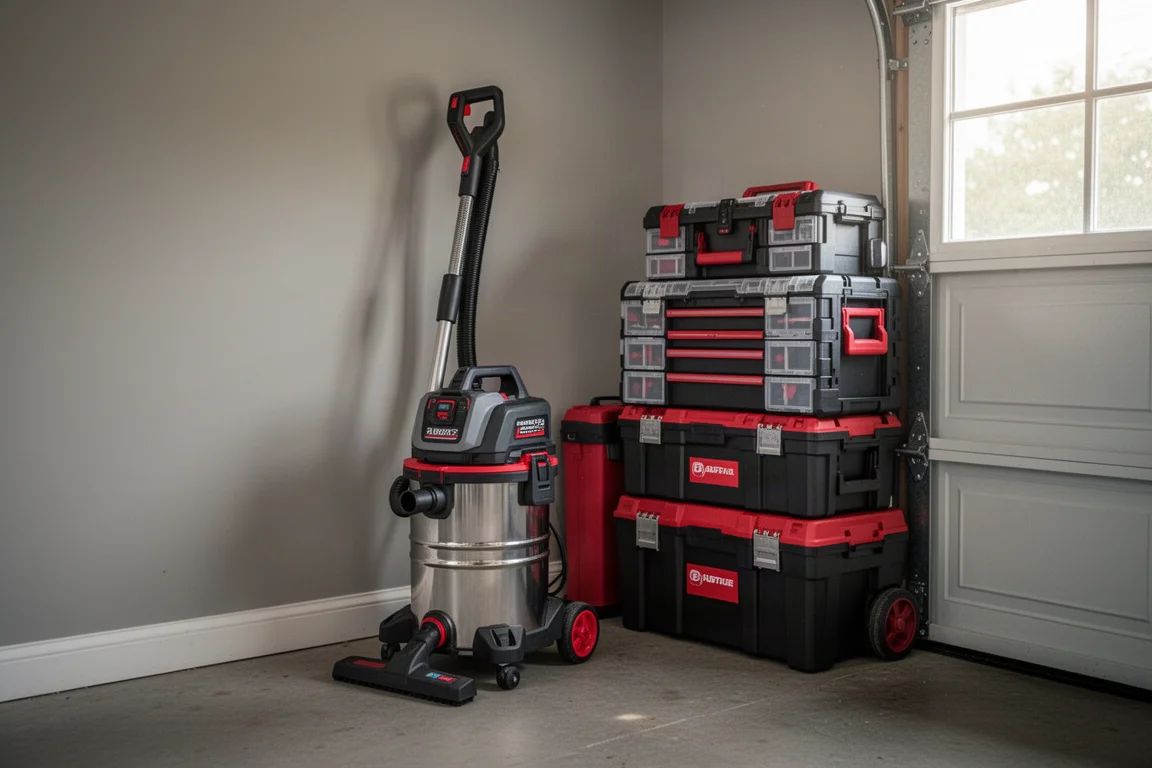 Aspirateur eau et poussière de six gallons dans un coin de garage bien rangé avec des rangements d'outils
