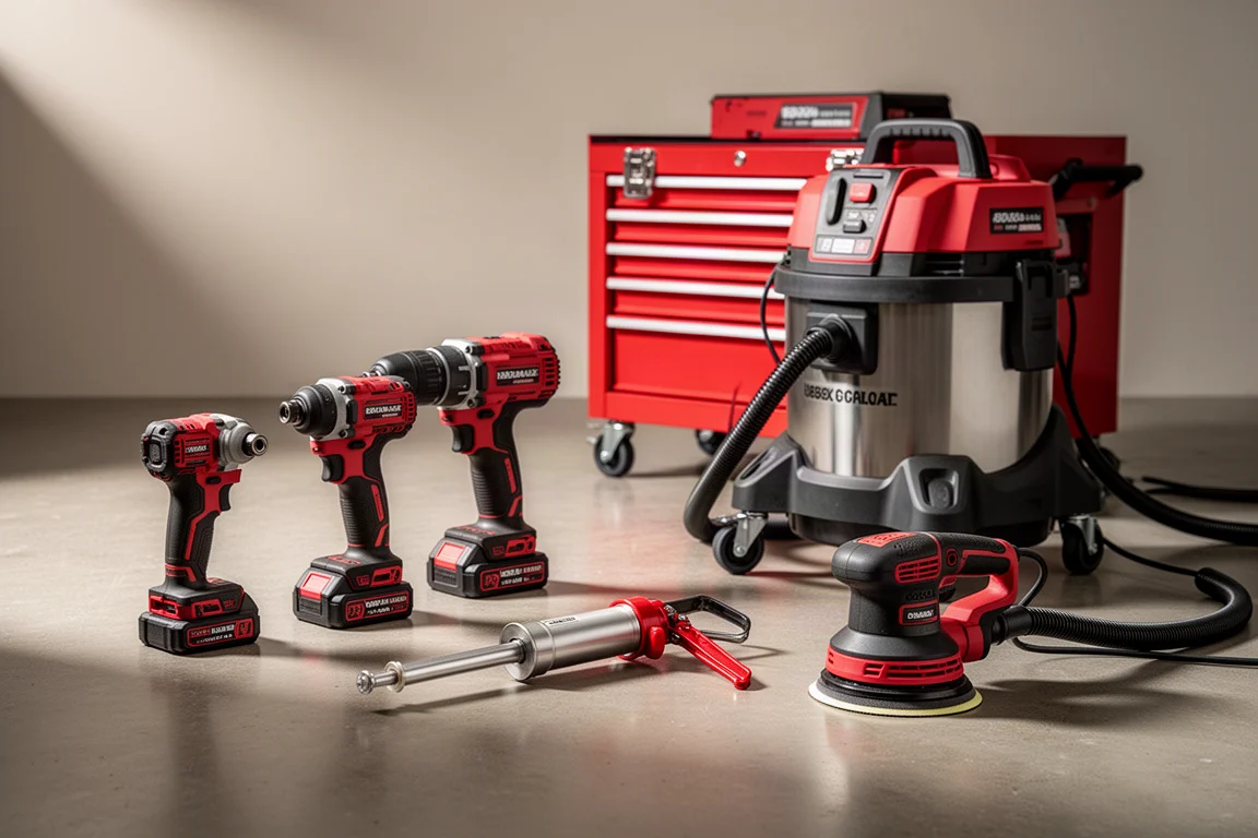 Assorted Milwaukee-style cordless power tools and storage box on a concrete workshop floor