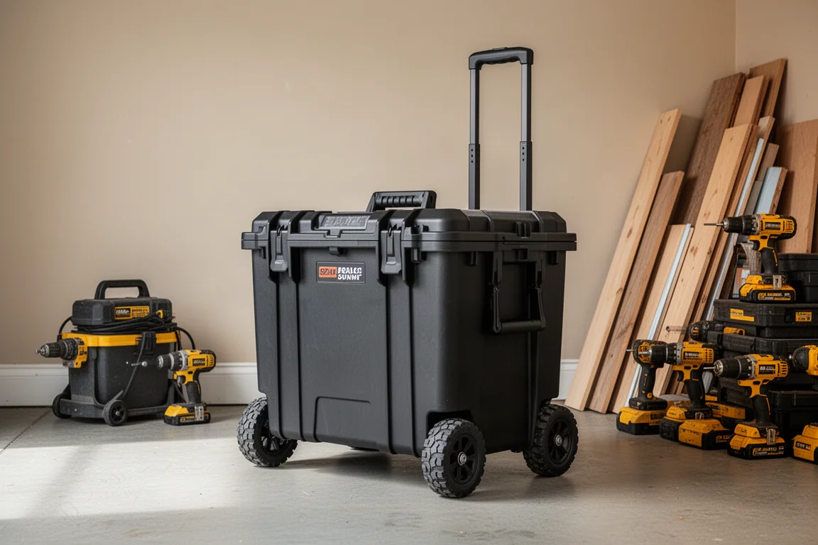 Coffre à outils roulant positionné dans un garage avec des outils encombrants à proximité
