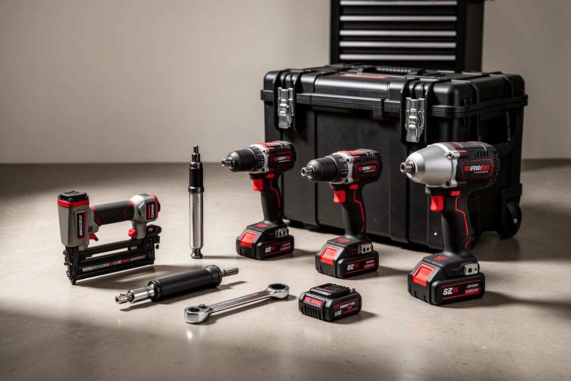 Milwaukee cordless tools and rolling tool trunk arranged on concrete