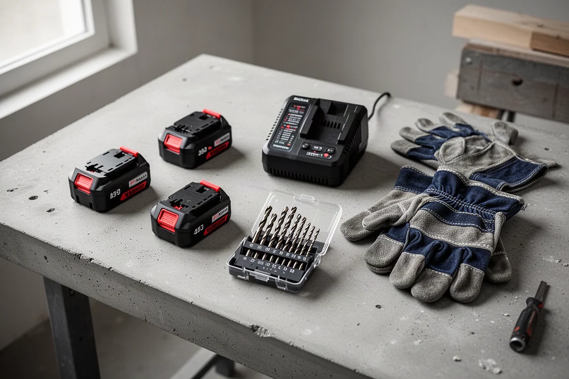 Sladdlös power tool-kit med batterier utlagda på en betongbänk