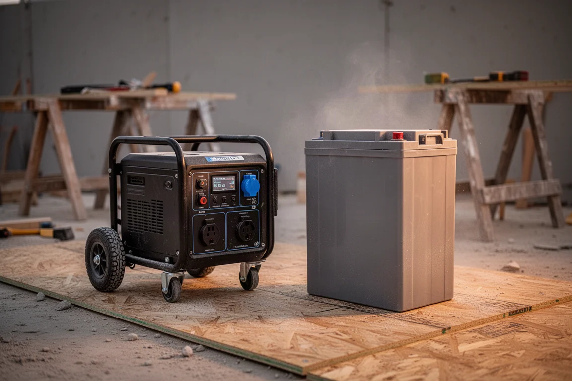 Entreprenör monterar ett stort sladdlöst utrustningsbatteri på ett verktyg på en arbetsplats