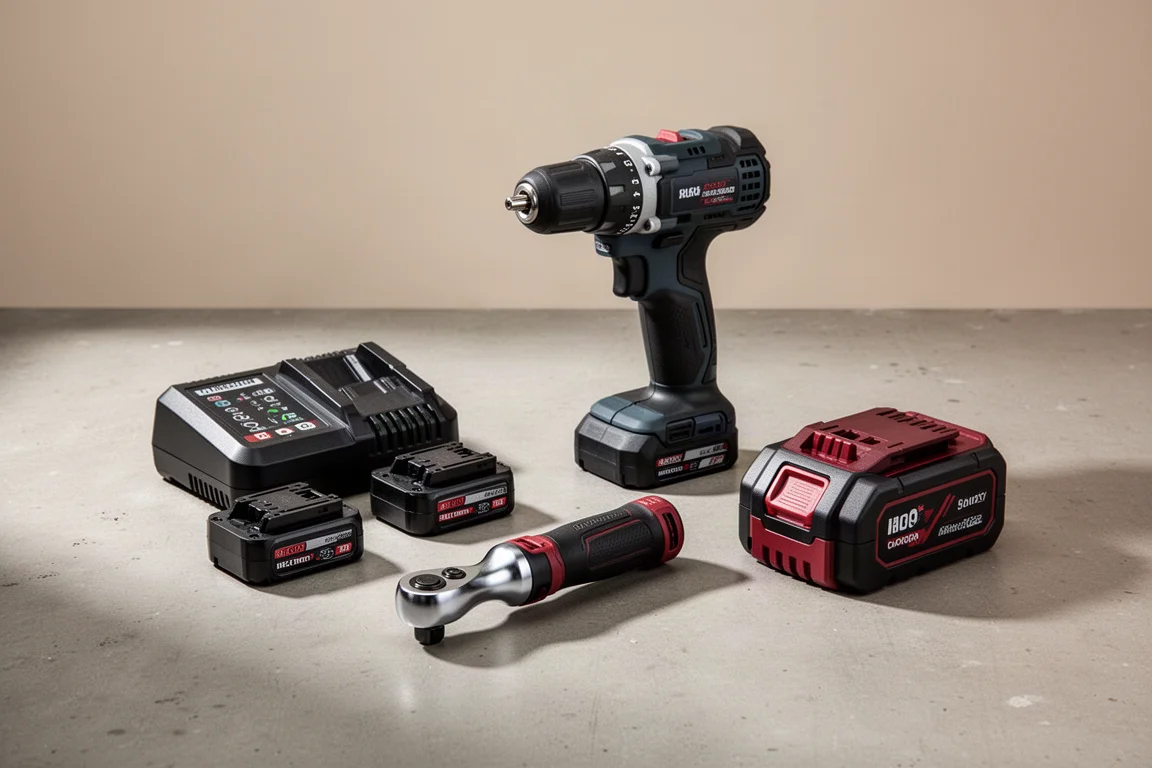 Cordless power tool kit with batteries laid out on a concrete workbench