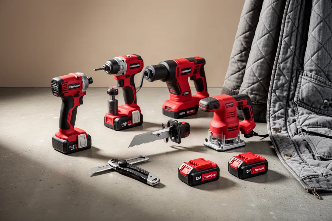 Red cordless power tools, batteries, and work jacket arranged on a concrete floor