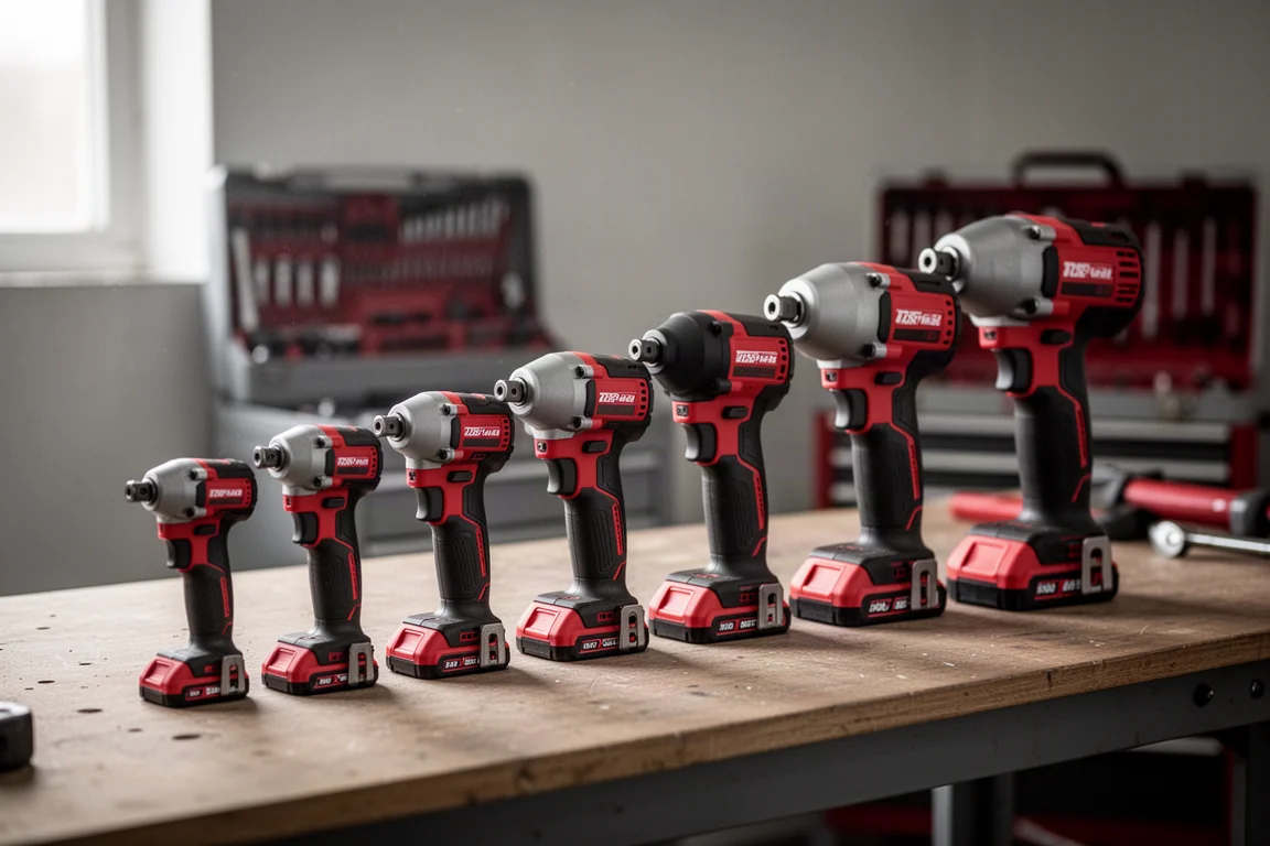 Bench with a row of cordless impact drivers and wrenches of increasing size
