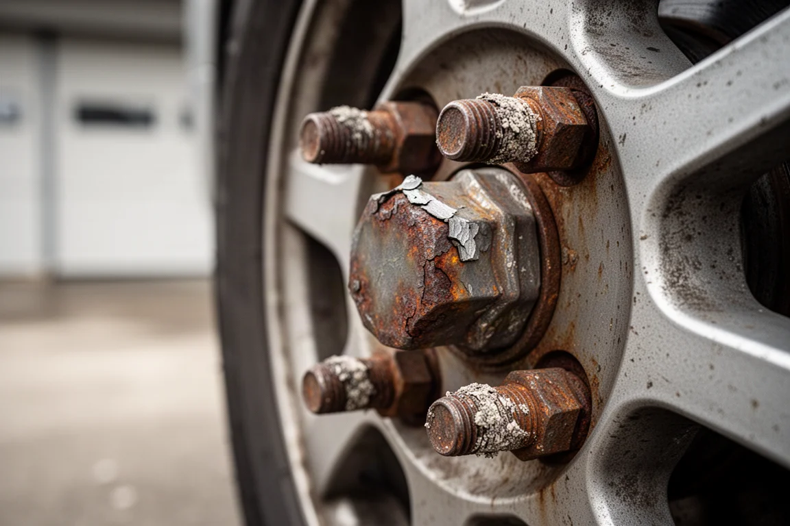 Rusty lug nut on a steel wheel hub close-up
