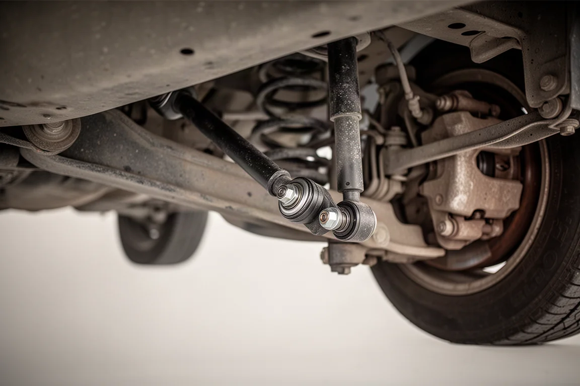 Suspension and brake components under a vehicle in a workshop