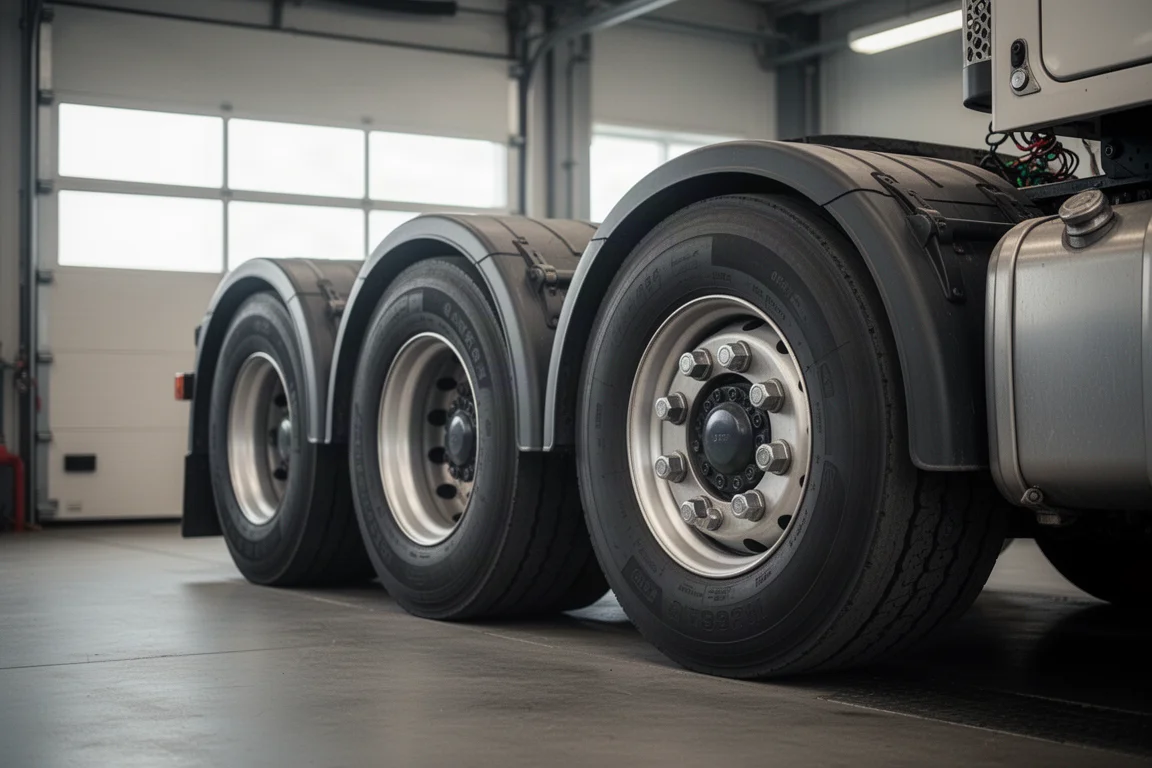 Large semi truck wheels in a repair bay
