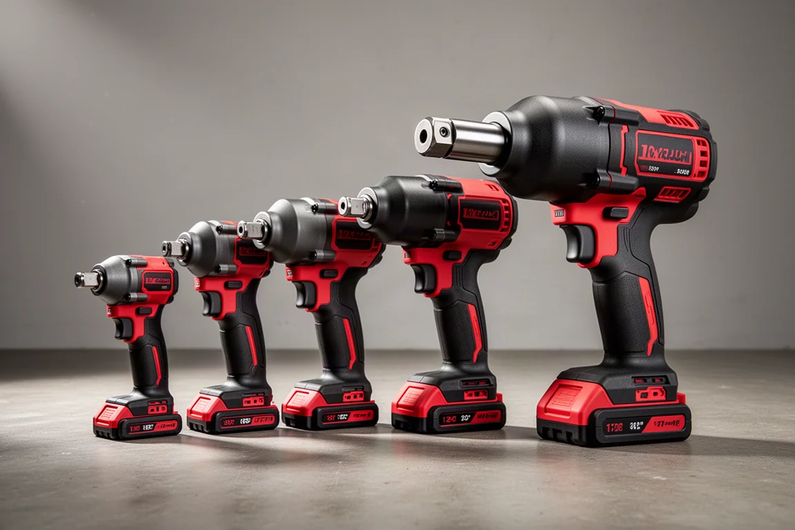 Row of cordless impact wrenches in increasing size on a concrete workshop floor