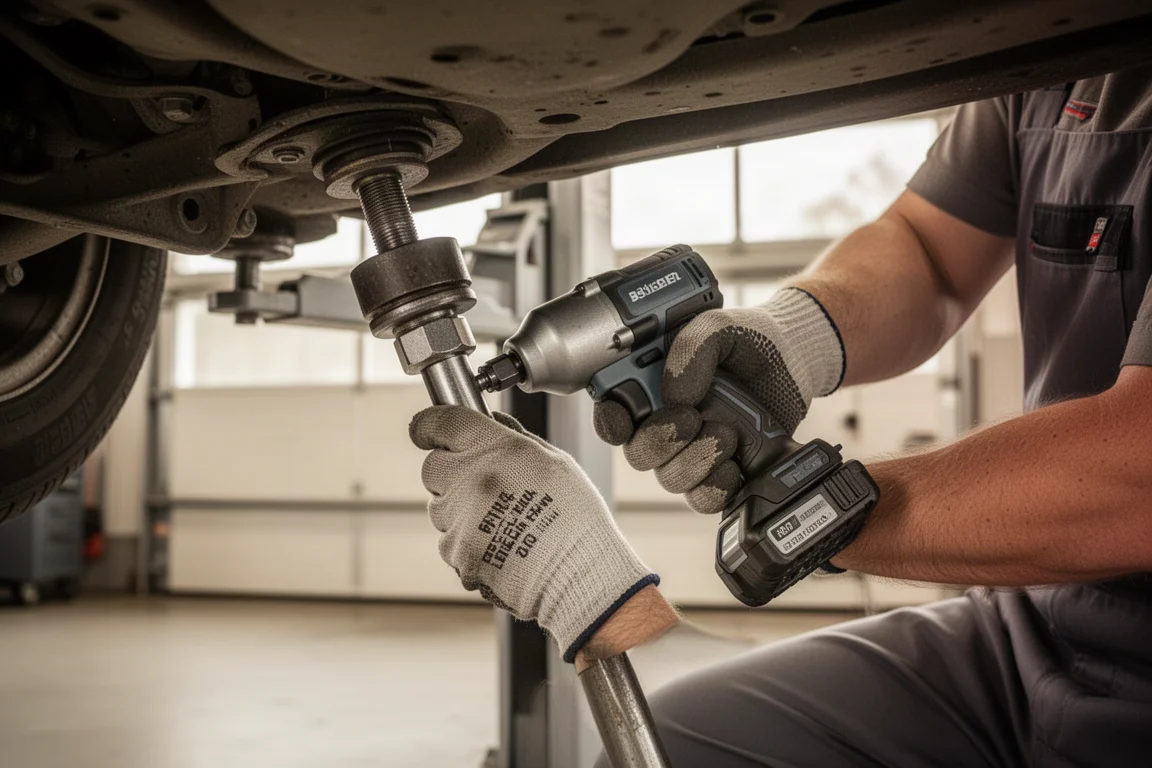Mechanik poluzowuje dużą śrubę kluczem udarowym akumulatorowym w warsztacie