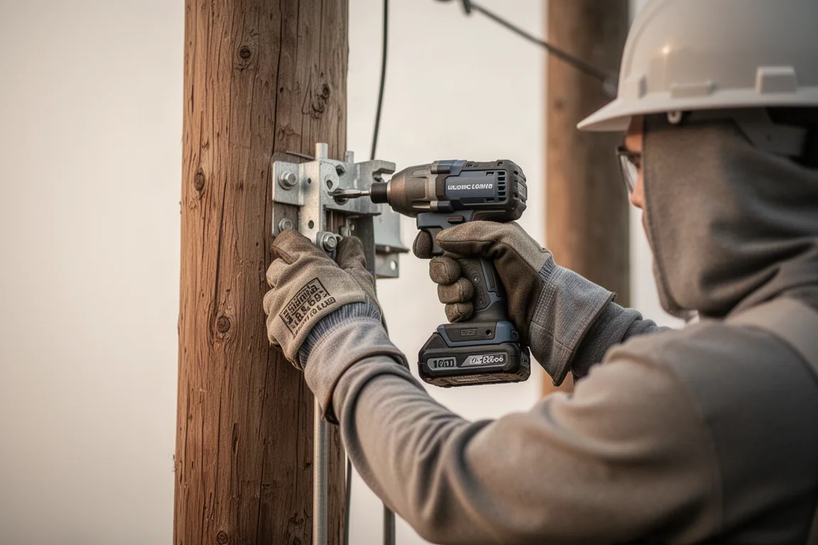 Pracownik linii energetycznej w odzieży ochronnej pracuje przy osprzęcie linii energetycznej
