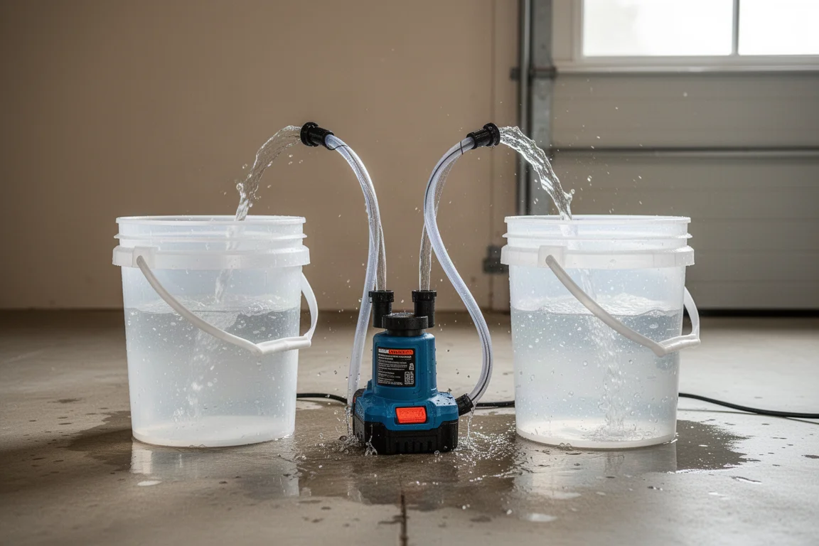 Pompe de transfert déplaçant de l'eau entre deux seaux sur le sol d'un chantier